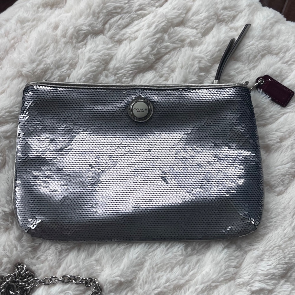 Vintage Coach bag, silver sequins, burgundy interior and patent leather hang tag